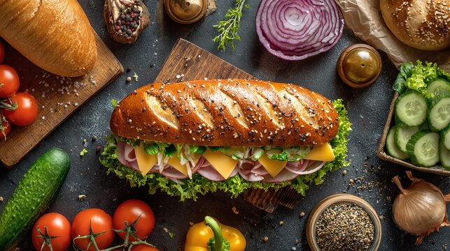 A hearty submarine sandwich with layers of sliced meat, cheese, fresh vegetables, and lettuce, beautifully presented on a rustic surface, next to fresh ingredients.