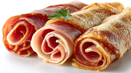 Three Ham Rolls – Sliced and Isolated on White Background
