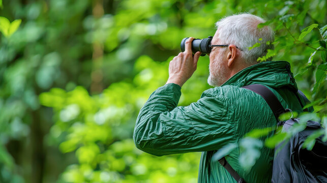Senior man birdwatching with binoculars in lush green forest, enjoying nature beauty