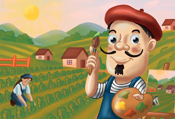 Flat illustration with an artist painting a picture and a rural landscape in the background