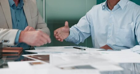 Men, sign and document with handshake in office for welcome, B2B contract and agreement form. People, shaking hands and legal paperwork for onboarding, job negotiation and congratulations with offer