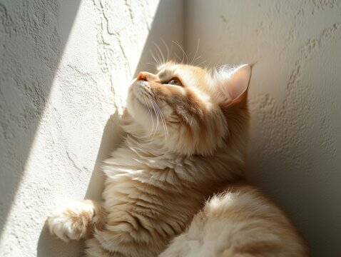 Fluffy ginger cat sits peacefully in warm sunlight near a textured concrete wall.