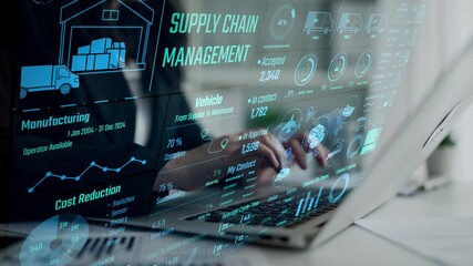 Supply chain management interface showing delivery routes, warehouse efficiency, cost savings, vehicle tracking, procurement ROI, and contract stages. Futuristic supply chain monitoring system. Thunk - Powered by Adobe