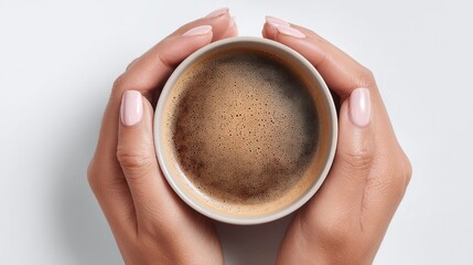 Overhead shot of a person holding a cup of steaming black coffee with manicured hands. Focus on beverage with its dark, rich color and foamy surface.