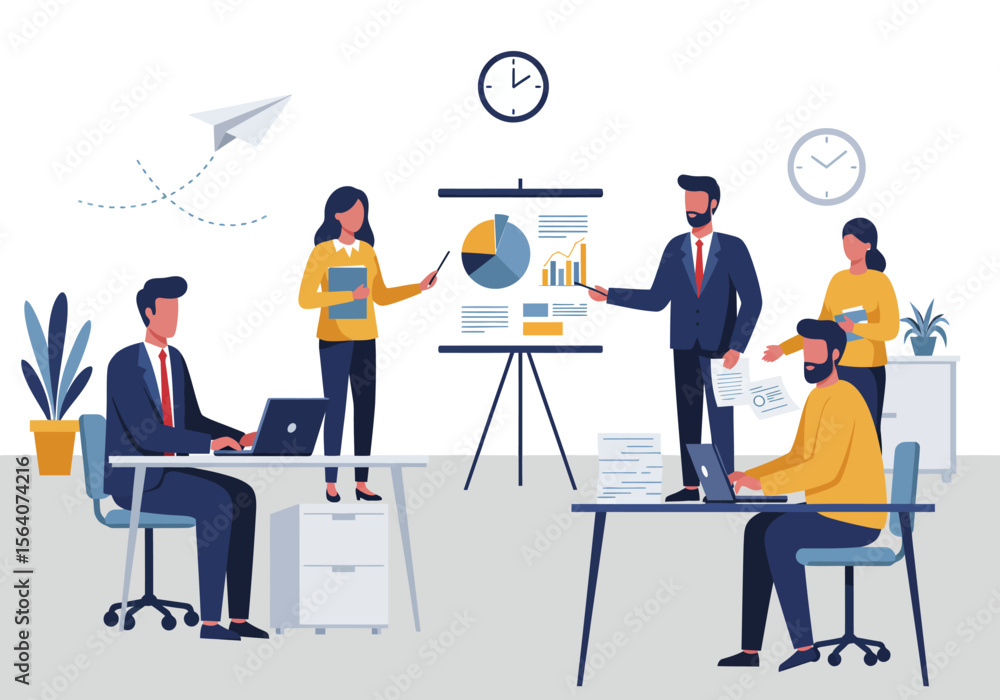 Poster analyzing business performance with a team during a productive meeting and presentation discussion o