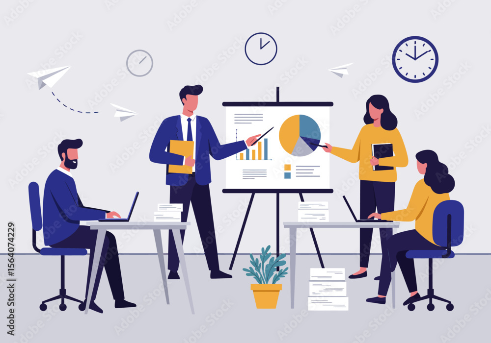 Poster business meeting presentation with pie chart and data analysis leading to successful strategy develo
