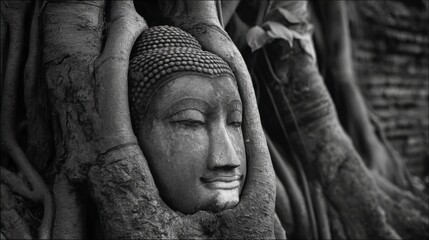 Buddha Head in Tree Roots Ancient Sculpture