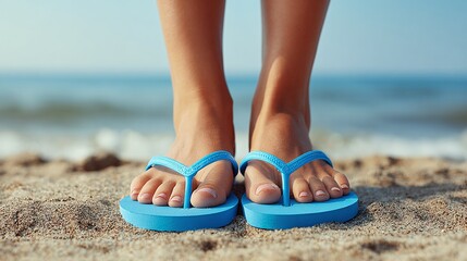 Fototapeta premium Beach vibes: A person stands on sandy shore in blue flip-flops, with the sea creating a serene backdrop for a summer getaway. Vacation bliss.