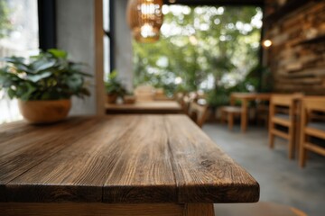 Wooden Table in Restaurant Setting with Greenery
