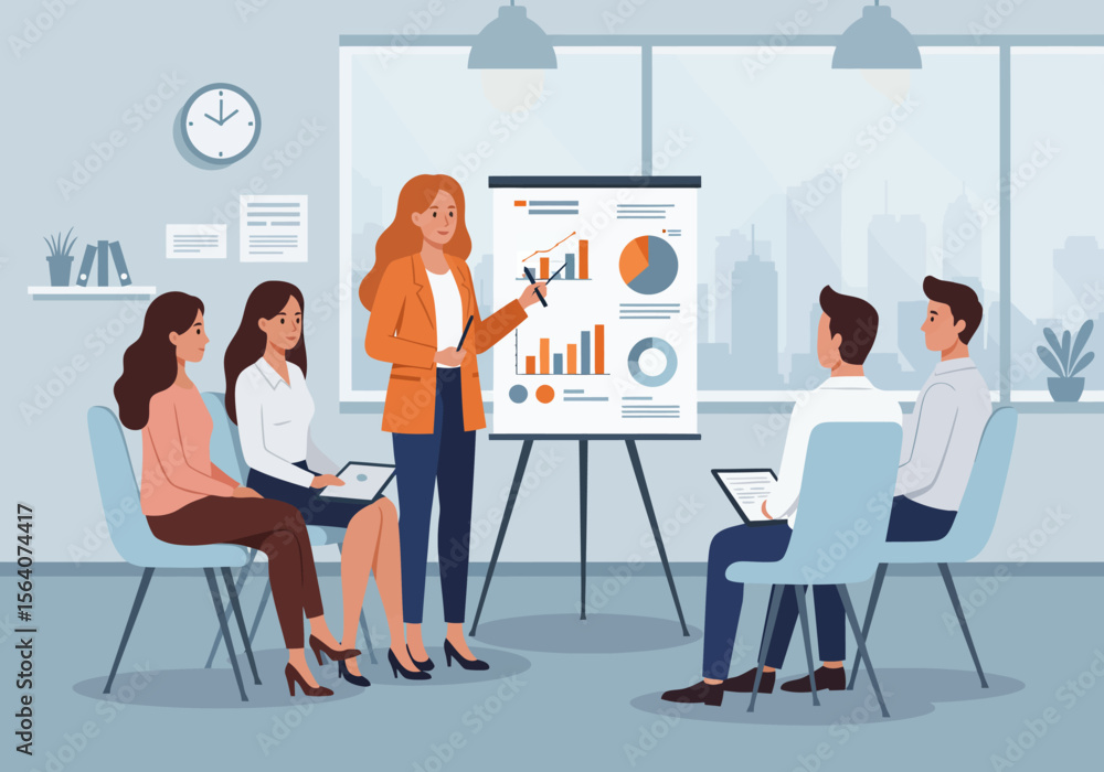 Poster business professionals engaging in a dynamic presentation and data analysis session in a modern offi