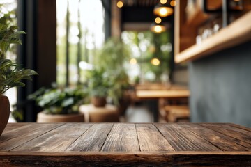 Wooden Table in Blurred Cafe Setting