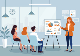 Business Professionals Attend Presentation in Modern Office Space With Flip Chart Displaying Financial Growth Charts and Graphs