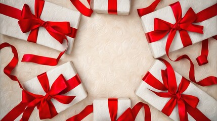 Top down view various wrapped valentine gifts red ribbons soft neutral background flat lay composition photorealism gift wrapping present packaging romantic gift giving