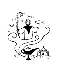 Magical blue genie emerging from a lamp with a powerful glowing aura. cartoon 