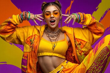 young woman dancing, energetic dance scene with fashion flair, stylish youth in vibrant motion