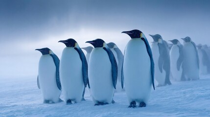 Obraz premium Emperor penguins marching through snowy landscape
