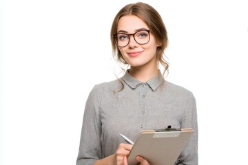 Woman in Glasses Writing on Clipboard: Professional, Serene Portrait