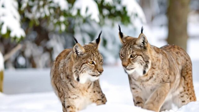 Enchanting winter encounter: Two eurasian lynx in snowy forest landscape scenery
