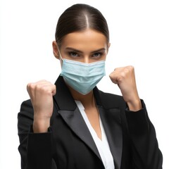 Woman in Mask Shows Fist of Power and Determination