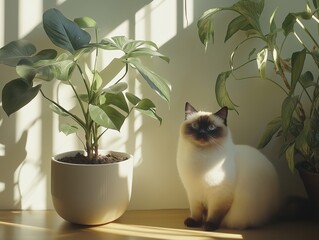 Siamese cat basking in sunlight surrounded by lush indoor plants, peaceful and elegant.