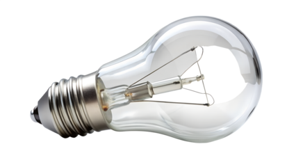 A clear glass light bulb with a visible filament, isolated on transparent background