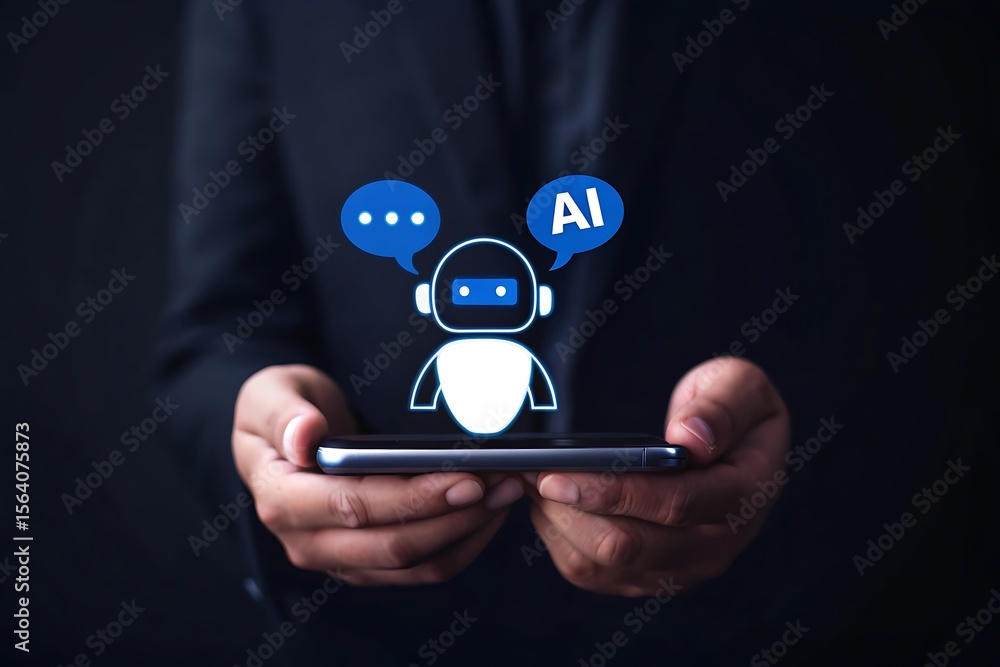 Poster ai-powered procurement system concept with chatbot and digital invoice icons on mobile device, repre