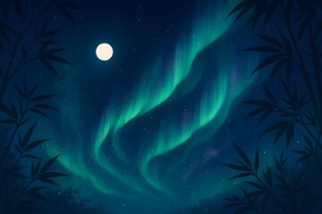 Fototapeta premium Bamboo watercolor painting of bamboo grass night sky background illustration generative ai