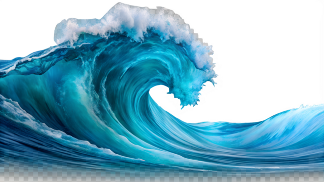 A large blue ocean wave cresting and curling, isolated on transparent background