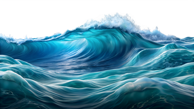 A series of blue ocean waves rolling and crashing, isolated on transparent background