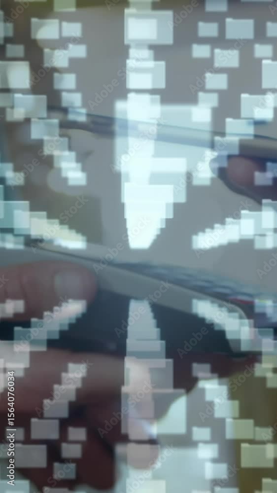Poster animation of network security padlock over people using payment terminal