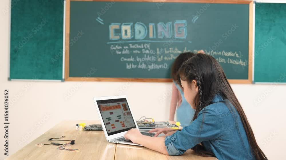 Poster girl writing engineering prompt by using ai software or programing system to generate ai on table wi