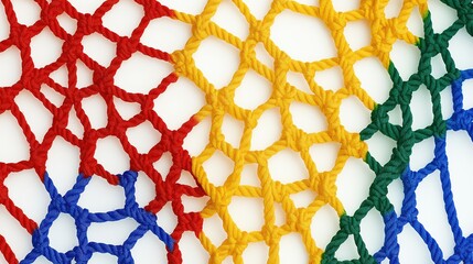 Colorful nylon rope net tightly stretched against a white background, creating a geometric grid pattern with vibrant threads for sport, safety, or visual texture design purposes.