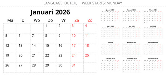 Dutch calendar planner for 2026. Vector illustration set Dutch. 12 months year kalender