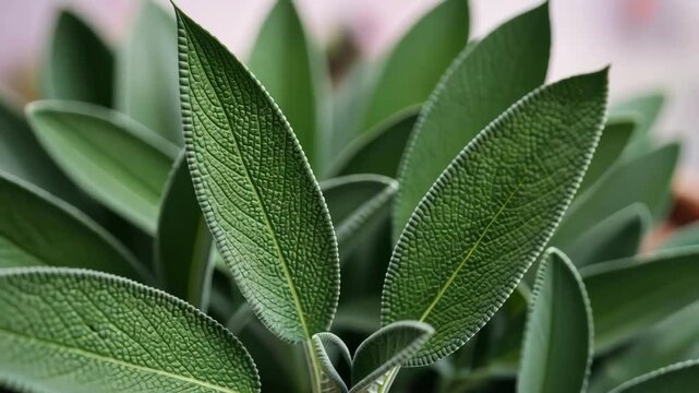 Close up of green sage leaves showcasing texture, herb, and plant detail.