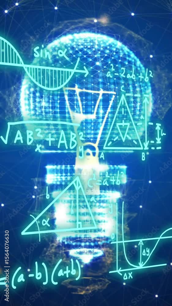 Poster animation of mathematical equations and icons over light bulb and networks