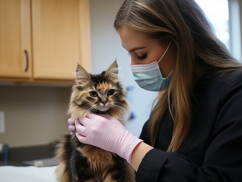 Female veterinarian examines a cat in a bright clinic, showing care and professionalism.