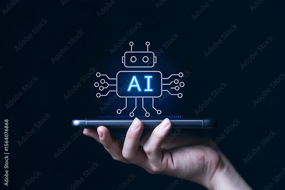Poster ai-powered procurement system concept with chatbot and digital invoice icons on mobile device, repre