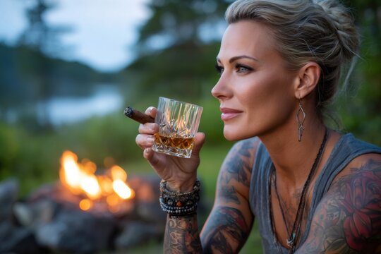 Tattooed woman enjoying whiskey by campfire