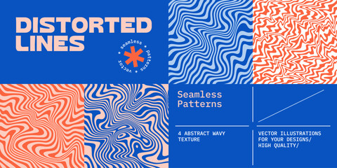 Abstract Seamless Patterns with Psychedelic Waves. Vector Backgrounds with Groovy Swirl Lines. Retro Marble Trippy Texture.