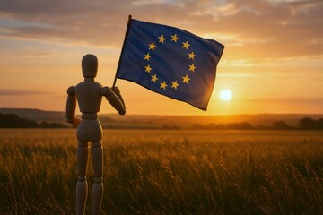 Wooden mannequin holding European Union flag at sunset in golden field, symbolizing unity, peace, and identity, Europe Day
