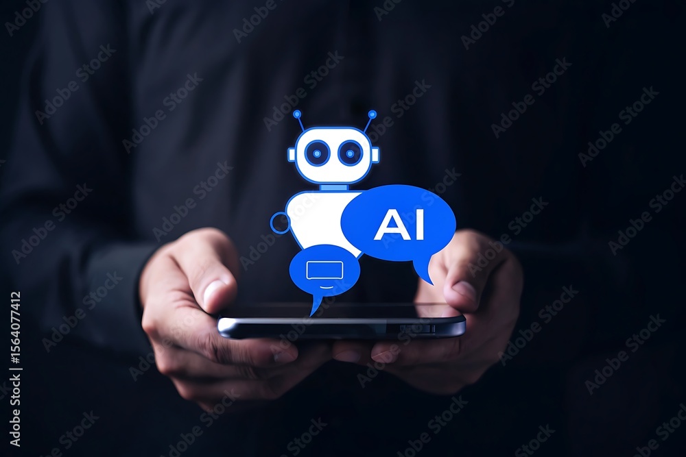 Poster ai-powered procurement system concept with chatbot and digital invoice icons on mobile device, repre