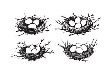 Silhouette bird nests with eggs on a white background