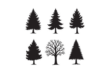 Obraz premium Collection of black silhouette trees including pine and bare branches