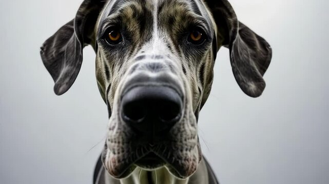 Low angle close-up of one harlequin Great Dane dog, looking directly at the camera, outdoor. Animal portrait. Dog lover.