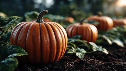 Fototapeta premium Close-up of ripe pumpkins in a garden with green leaves, symbolizing harvest season and autumn abundance, ideal for seasonal promotions.