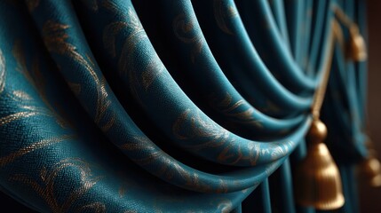 Close-up of luxurious teal fabric curtains with intricate golden patterns, showcasing elegant folds and opulent texture, ideal for interior decor concepts.
