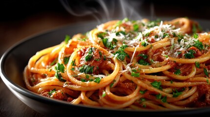 Steaming spaghetti with rich tomato sauce and fresh parsley in a black bowl, ideal for food advertising or Italian cuisine promotions.