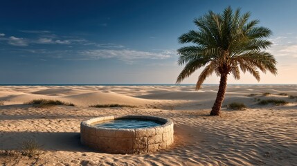 A solitary palm tree and stone well in a vast desert with sand dunes under a clear blue sky, evoking solitude and timelessness.