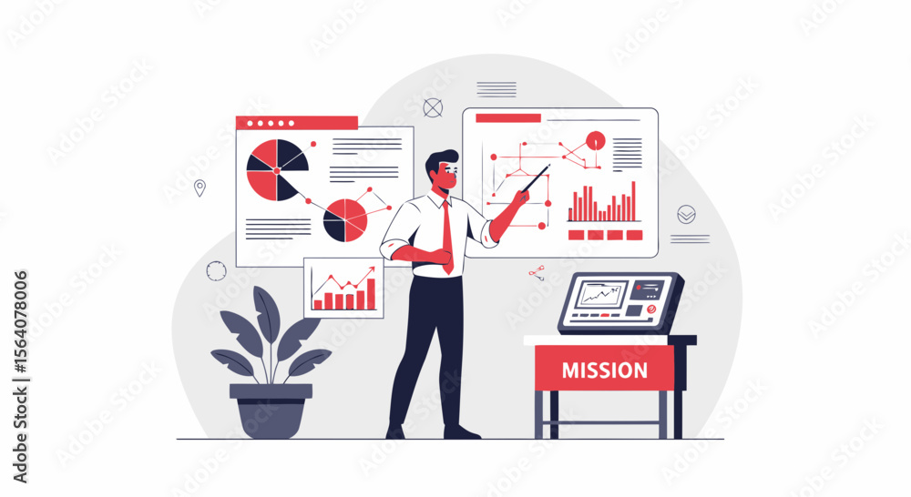 Poster analyzing corporate performance presentation with data visualization and charts