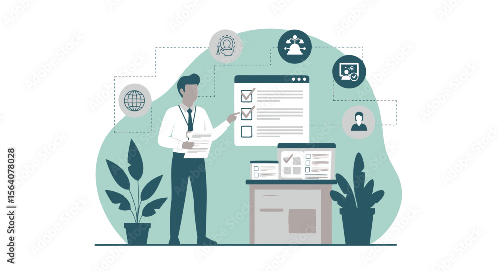 Poster analyzing data with checklist for business development and process optimization